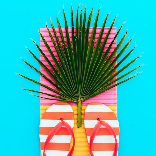 Foto flip-flop y palma. conjunto tropical.