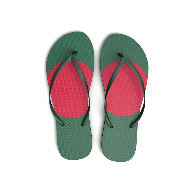 Flip-Flop-Sandalen mit bangladeschischer Flagge auf weißem Hintergrund 3D-Rendering