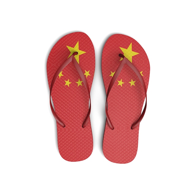 Flip-Flop-Sandalen mit chinesischer Flagge auf weißem Hintergrund 3D-Rendering