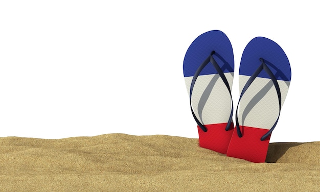 Flip-Flop-Sandalen mit französischer Flagge auf weißem Hintergrund 3D-Rendering