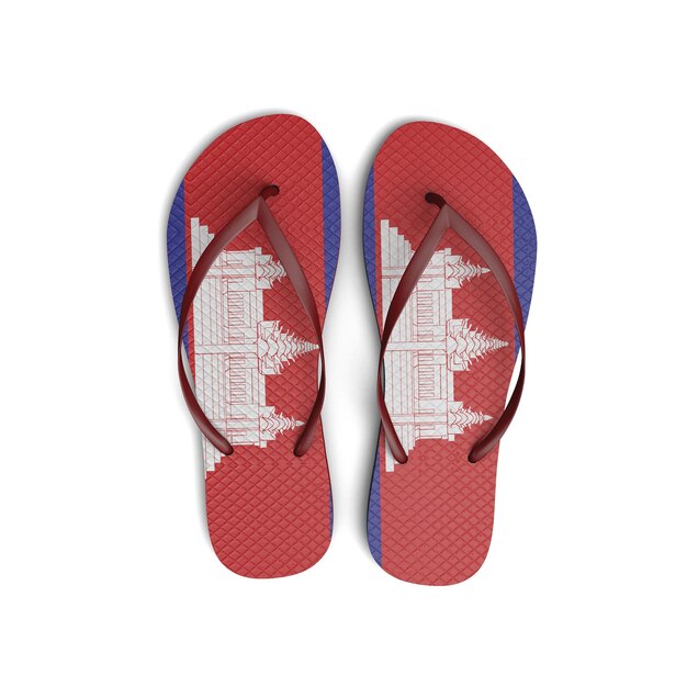 Flip-Flop-Sandalen mit Kambodscha-Flagge auf weißem Hintergrund 3D-Rendering