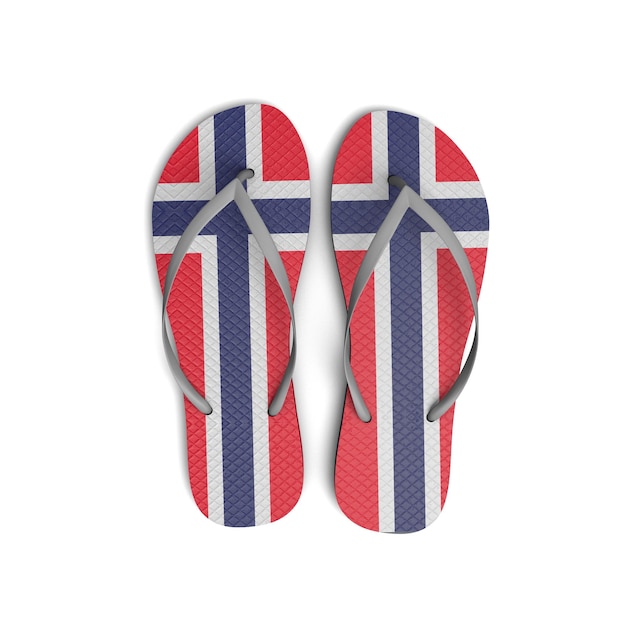 Flip-Flop-Sandalen mit norwegischer Flagge auf weißem Hintergrund 3D-Rendering