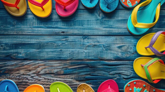 Foto flip-flops coloridos dispostos em fila em uma mesa de madeira