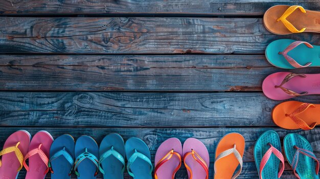 Foto flip-flops coloridos dispostos em fila em uma mesa de madeira