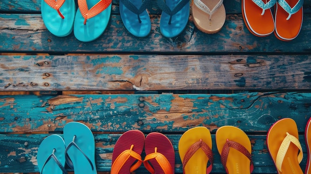 Flip-flops coloridos dispostos em fila em uma mesa de madeira