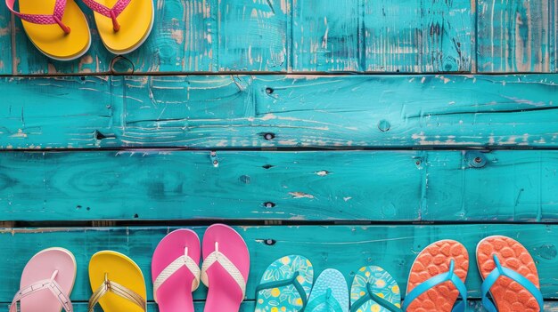 Flip-flops coloridos dispostos em fila em uma mesa de madeira