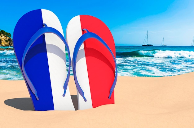 Flip-Flops mit französischer Flagge am Strand Frankreich Resorts Urlaubstouren Reisepakete Konzept 3D-Rendering