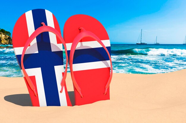 Foto flip-flops mit norwegischer flagge am strand norwegen ferienorte urlaubstouren reisepakete konzept 3d-rendering