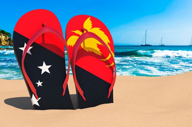 Flip Flops mit papuanischer Flagge am Strand Papua-Neuguinea Resorts Urlaubsreisen Reisepakete Konzept 3D-Rendering