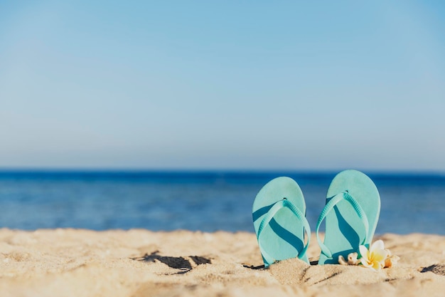 Flip-flops presos na areia em uma praia de areia à beira-mar ou oceano. Conceito de viagens ou férias em países quentes no verão ou inverno. Foto de alta qualidade