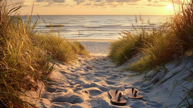 Foto flip-flops ruhen auf dem sandstrand, während die sonne über den horizont untergeht