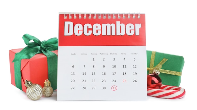 Flip Kalendergeschenke Weihnachtskugeln und Zuckerstange auf weißem Hintergrund Countdown für das neue Jahr