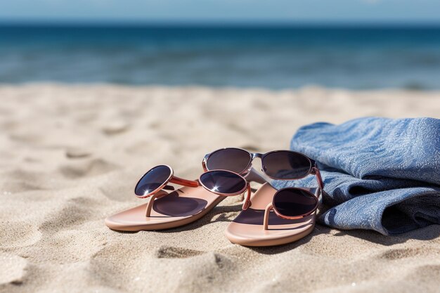 Flipflops, Sonnenbrille, Handtuch auf dem Sand des Strandes