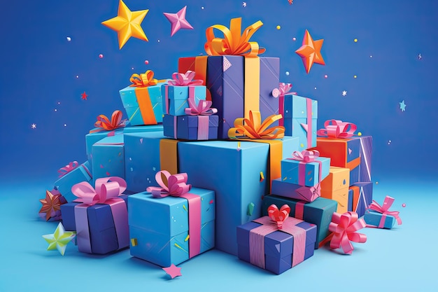 Float von bunten Kisten voller Geschenke 3D-Geburtstagssymbol mit Geschenken blauem Hintergrund
