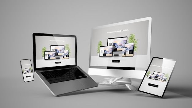 Floating Device-Mockup mit responsivem Website-Design und 3D-Rendering