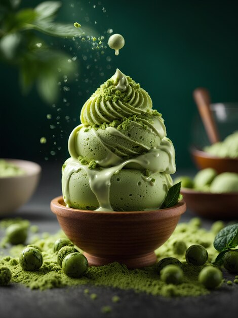 Floating Matcha gelato delicioso refrescante sobremesa de sorvete congelado fotograma publicitário cinematográfico