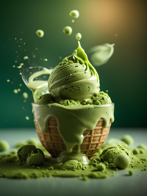 Floating Matcha gelato delicioso refrescante sobremesa de sorvete congelado fotograma publicitário cinematográfico