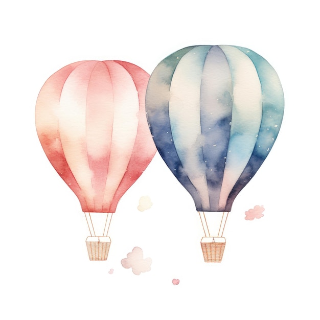 Floating Serenity Delicate Watercolor Kunst eines minimalistischen Heißluftballons auf weißem Hintergrund