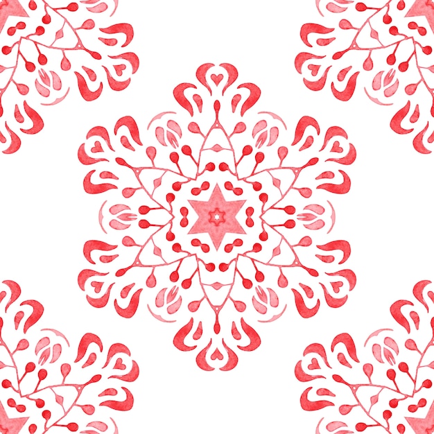 Floco de neve artístico em aquarela de mão desenhada Damasco ornamental vermelho. Pode ser usado como cartão de Natal ou fundo, tecido e ladrilhos de cerâmica, talheres