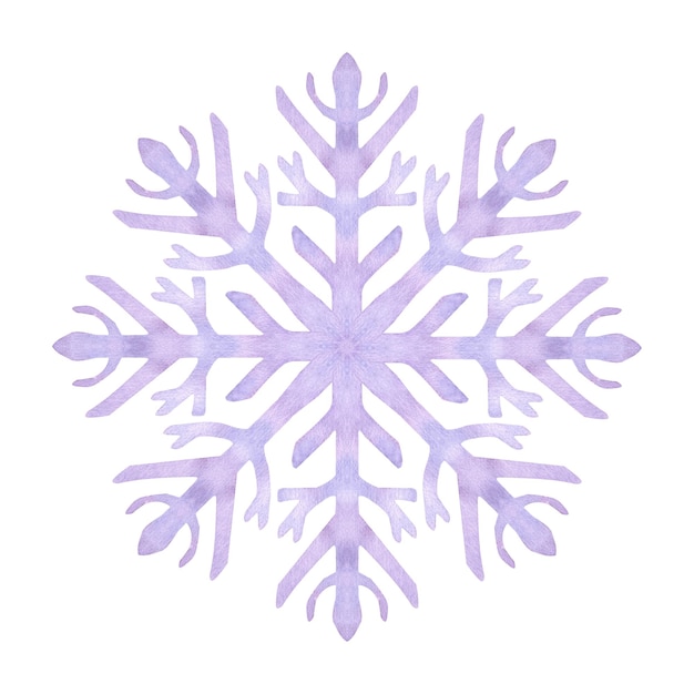Floco de neve azul lilás cristais de geada Símbolo do tempo frio do inverno Cartão de férias de Ano Novo e Natal Ilustração de aquarela desenhada à mão isolada em fundo branco