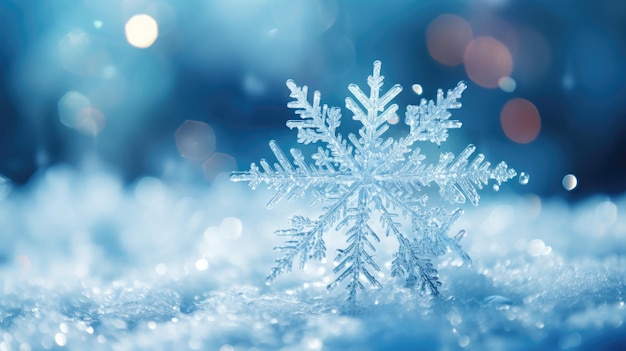 Floco de neve cristalino fechado no espaço de cópia do pano de fundo do inverno