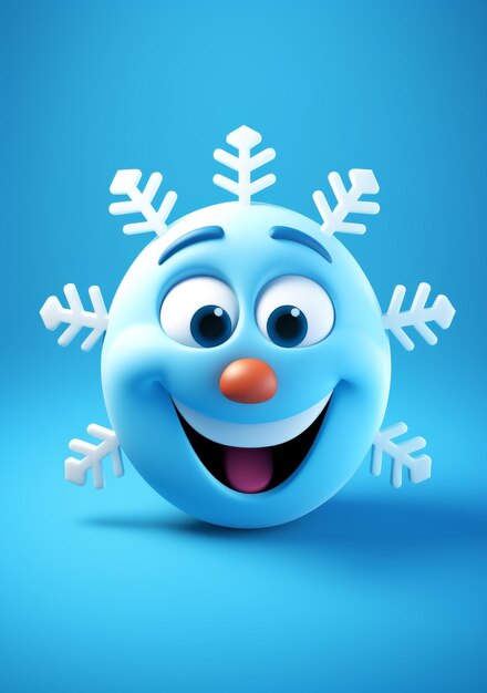 Foto floco de nieve blanco sonriente en 3d sobre un fondo azul generado por la ia