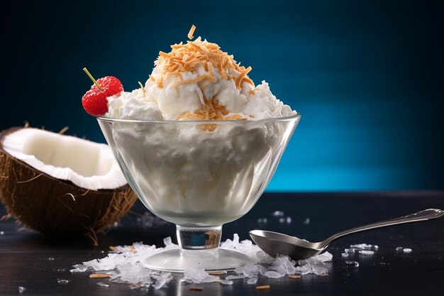 Flocos de coco esparcidos sobre un postre tropical