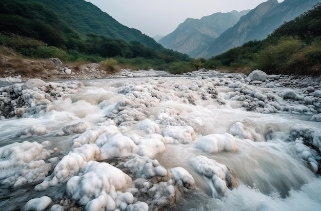 Flocos de espuma na superfície da água de um rio de montanha Conceito de poluição da água