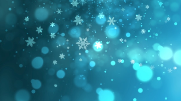 Flocos de neve brancos, estrelas e partículas de bokeh abstrato caindo. Feliz ano novo e feliz Natal fundo brilhante. Ilustração 3D de luxo e elegante estilo dinâmico para férias de inverno