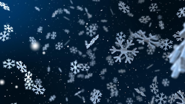 Flocos de neve caindo de neve de Natal 3D em renderização 3D de fundo azul escuro