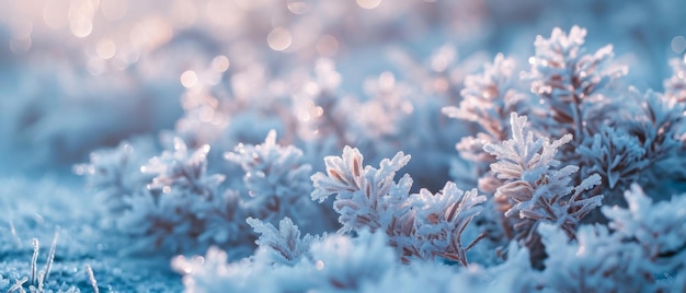 Flocos de neve congelados cobrem suavemente a paisagem invernal adornando plantas e solo congelado