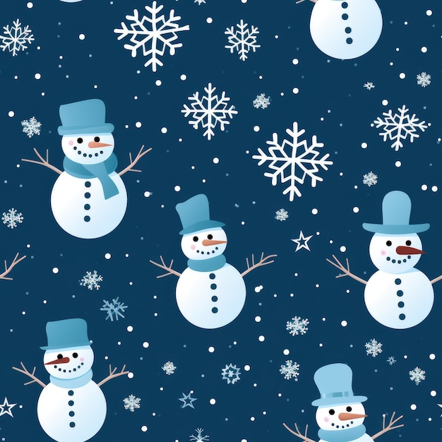 Flocos de neve de inverno, bonecos de neve, padrão sem costura gelado