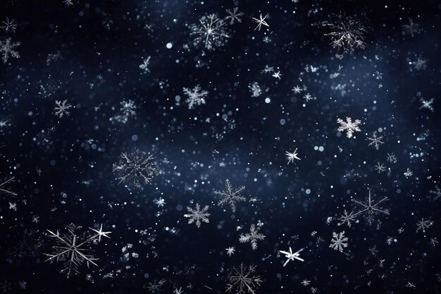 Flocos de neve e estrelas em um fundo bokeh azul escuro