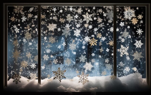 Foto flocos de neve iluminando a noite do país das maravilhas do inverno