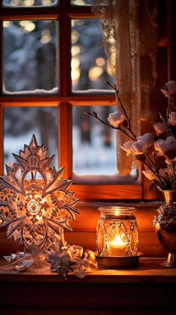 Flocos de neve intrincados dançam em uma aconchegante janela de uma cabana iluminada pelo calor de uma lareira