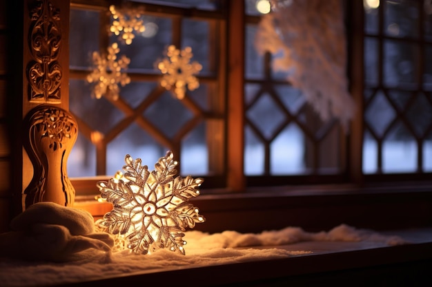 Flocos de neve intrincados dançam em uma aconchegante janela de uma cabana iluminada pelo calor de uma lareira