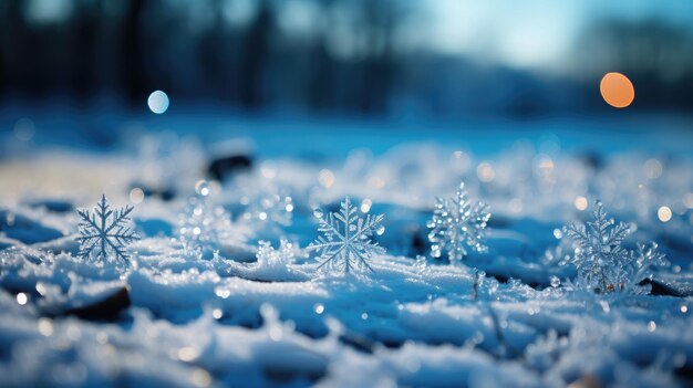 Flocos de neve na neve, fundo de Natal e ano novo