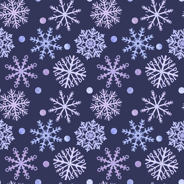 Flocos de neve sem costura padrão azul lilás cristais de geada símbolo do inverno tempo frio ano novo e cartão de férias de Natal mão desenhada aquarela ilustração em fundo escuro