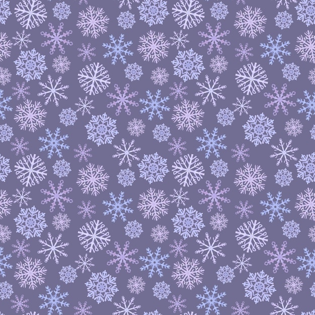 Flocos de neve sem costura padrão azul lilás cristais de geada símbolo do inverno tempo frio ano novo e cartão de férias de Natal mão desenhada aquarela ilustração em fundo violeta