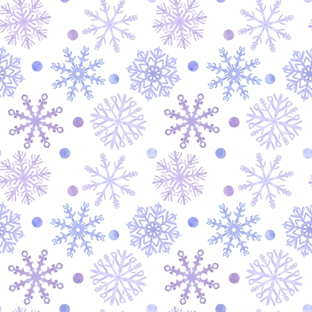 Flocos de neve sem costura padrão azul lilás cristais de geada símbolo do inverno tempo frio ano novo e cartão de férias de Natal mão desenhada aquarela ilustração isolada no fundo branco