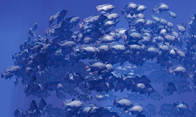 Foto flocos de peixes nadam em grupos o círculo subaquático está brilhando para baixo muitas tilapias nadam em grupos ou em grupos naturalmente rebanhos subaquáticos de peixes são alimentados para comida renderização 3d