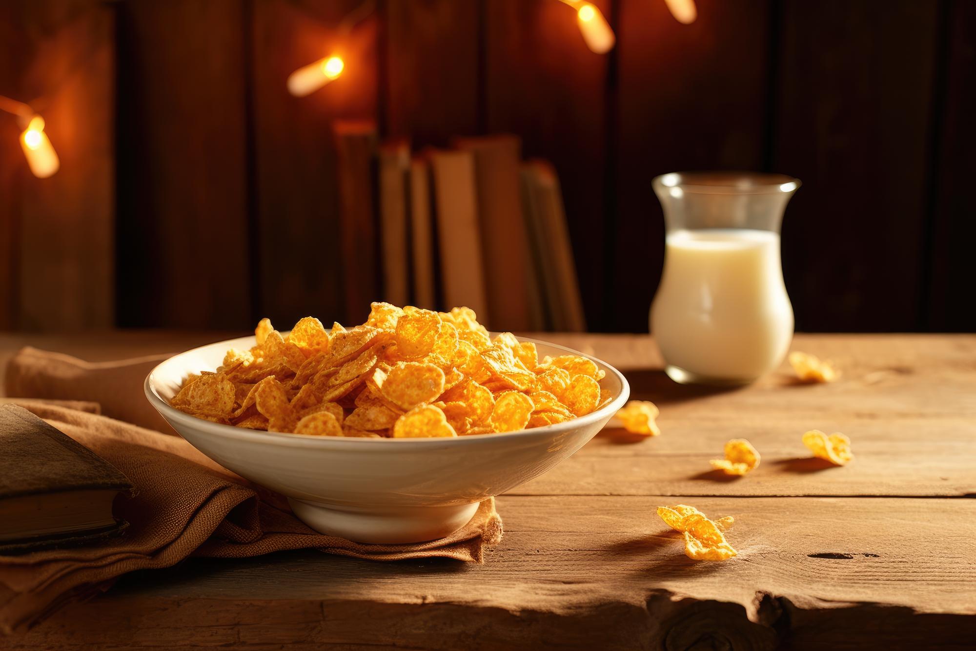 Flocos de maíz y leche en un plato en una mesa de madera