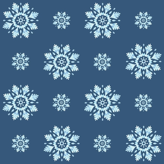 Flocos de nieve patrón sin costuras dibujado a mano acuarela ilustración estrellas de hielo en azul oscuro