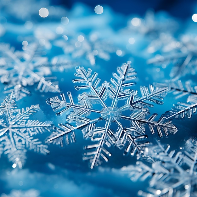 Flocos de nieve en primer plano en colores azules