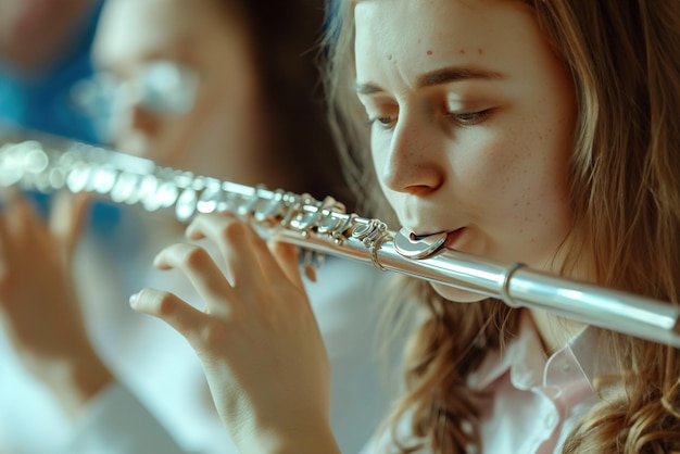 Flötenunterricht In einem hellen Klassenzimmer lernt ein Schüler Embouchure und Finger, um melodische Tu zu schaffen