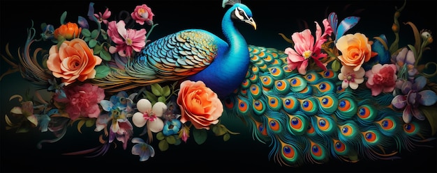 Foto flor 3d de diseño de pavo real en un fondo