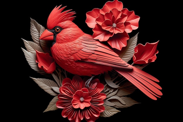 Flor 3D y fondo de pájaro cardenal rojo