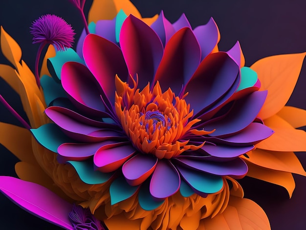 Una flor 3D surrealista con pétalos abstractos y una IA vibrante generada