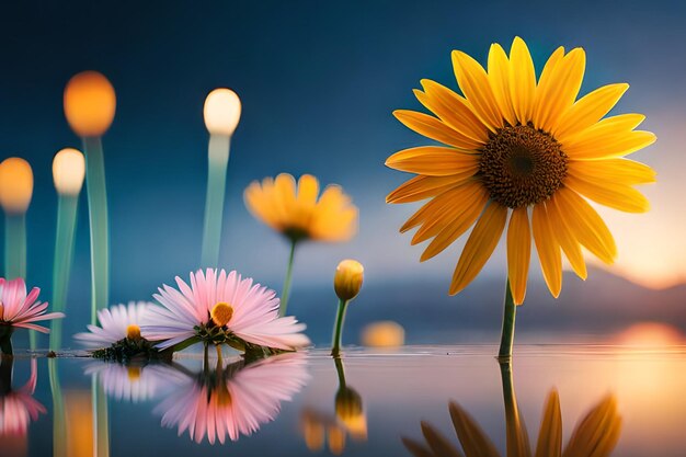 Una flor en el agua con un fondo azul.