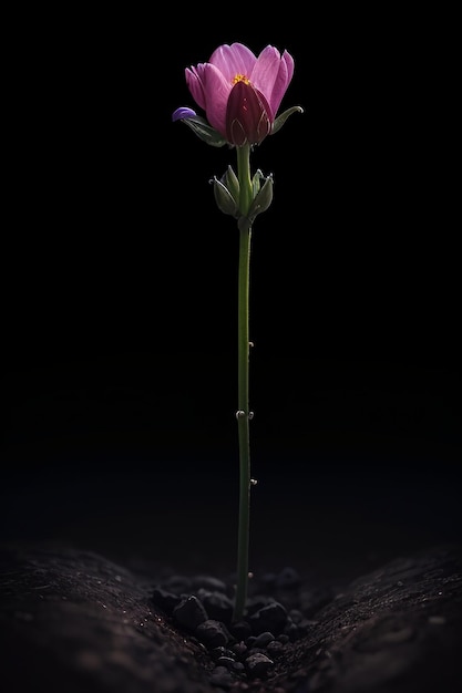 Una flor en un agua con un fondo negro.